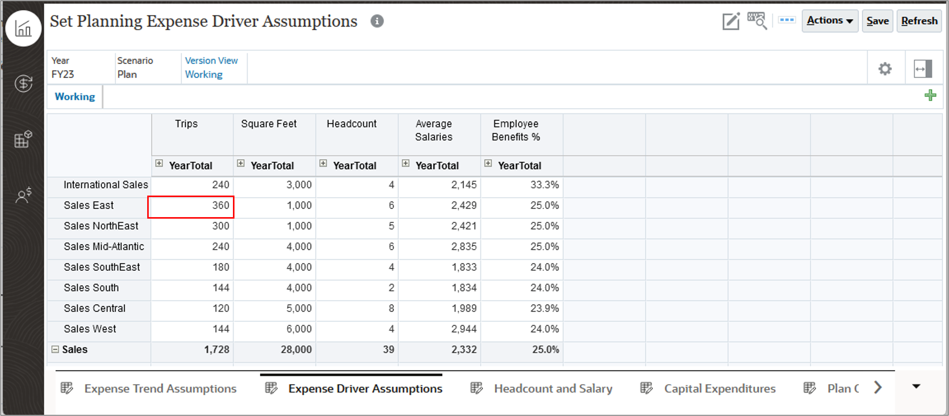Set Planning Expense Driver Assumptions Form